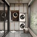 Home Balcony Design With Stacked Washing Machine Dryer And Storage Cabinets