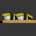 Delicious Tamago Sushi Rolls Served On Wooden Board With Nori And Rice