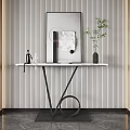 Modern Console Table With Black Metal Frame Decorative Artwork And Green Plant On Striped Wall
