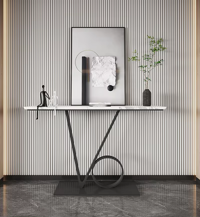 Modern Console Table With Black Metal Frame Decorative Artwork And Green Plant On Striped Wall 3d model