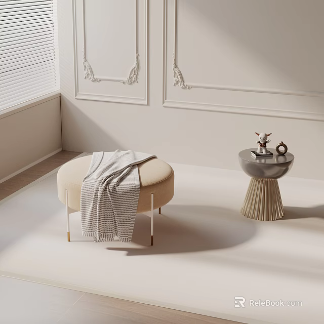 Beige Leisure Chair with Striped Blanket and Small Table Decorations in Cozy Room with Blinds 3d model 
