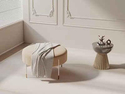Beige Leisure Chair with Striped Blanket and Small Table Decorations in Cozy Room with Blinds 3d model