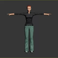 Red Haired Person In Black Top And Green Pants With Arms Outstretched On Gray Background