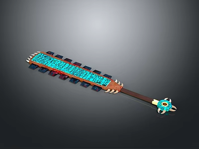 Ornate Ancient Weapon Featuring Blue Intricate Patterns Brown Long Handle And Top Ornament 3d model