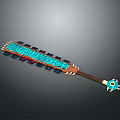 Ornate Ancient Weapon Featuring Blue Intricate Patterns Brown Long Handle And Top Ornament