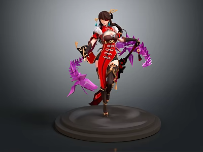 Stylish Game Movie Female Character In Red Outfit With Purple Ribbons Standing On Pedestal 3d model