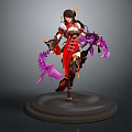 Stylish Game Movie Female Character In Red Outfit With Purple Ribbons Standing On Pedestal