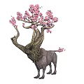 Enchanted Fantasy Character And Mythical Creature With Tree Antlers Pink Blossoms And Animal Body