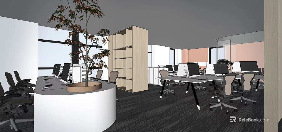 Spacious Public Office Space With Modern Desks Ergonomic Chairs Computers And Green Plants 3d model 