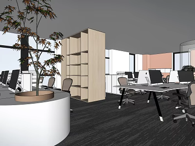 Spacious Public Office Space With Modern Desks Ergonomic Chairs Computers And Green Plants 3d model