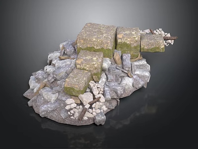 Natural Stone Landscape With Mossy Rock Blocks And Small Gravel 3d model