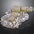 Natural Stone Landscape With Mossy Rock Blocks And Small Gravel