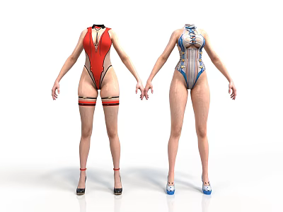 Women Wearing Stylish Red And Blue Striped Bodysuits With High Heels 3d model