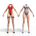 Women Wearing Stylish Red And Blue Striped Bodysuits With High Heels