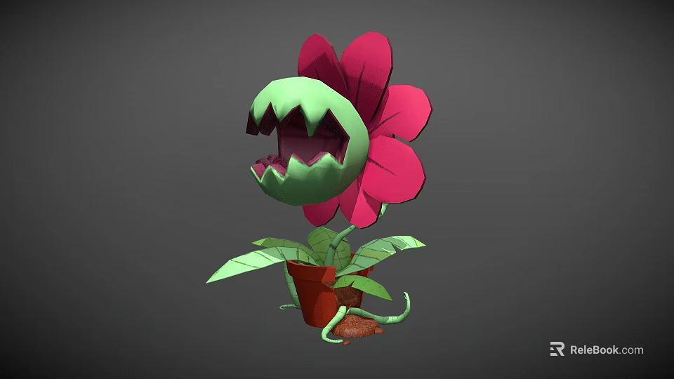 Cartoon Flower With Pink Petals Sharp Teeth And Green Leaves In Brown Pot 3d model 