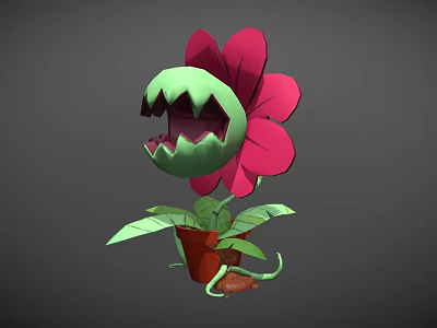Cartoon Flower With Pink Petals Sharp Teeth And Green Leaves In Brown Pot 3d model