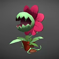 Cartoon Flower With Pink Petals Sharp Teeth And Green Leaves In Brown Pot