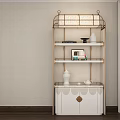 White Sideboard Cabinet With Gold Frame Top Lampshade And Multi Tiered Shelves For Vases Books