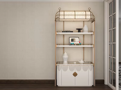 White Sideboard Cabinet With Gold Frame Top Lampshade And Multi Tiered Shelves For Vases Books 3d model
