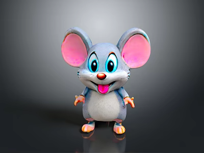 Cute Cartoon Mouse Character With Big Pink Ears Blue Eyes And Gray White Body 3d model