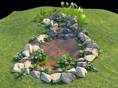 Water Fountain in Green Lawn with Stone Edging Water Lilies Small Fish and White Flowers 3d model