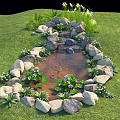 Water Fountain in Green Lawn with Stone Edging Water Lilies Small Fish and White Flowers