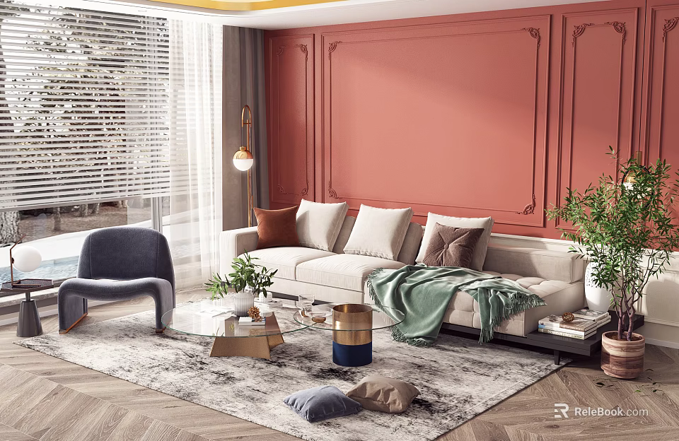 Elegant Sofa and Coffee Table Set With Red Accent Wall Pillows and Green Plants 3d model