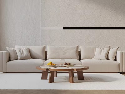 Minimalist Beige Three Seater Sofa With Cushions And Wooden Round Coffee Table With Fruits Drinks 3d model