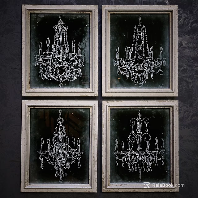 Four Vintage Framed Chandelier Artworks With White Design On Dark Background 3d model 