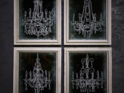 Four Vintage Framed Chandelier Artworks With White Design On Dark Background 3d model