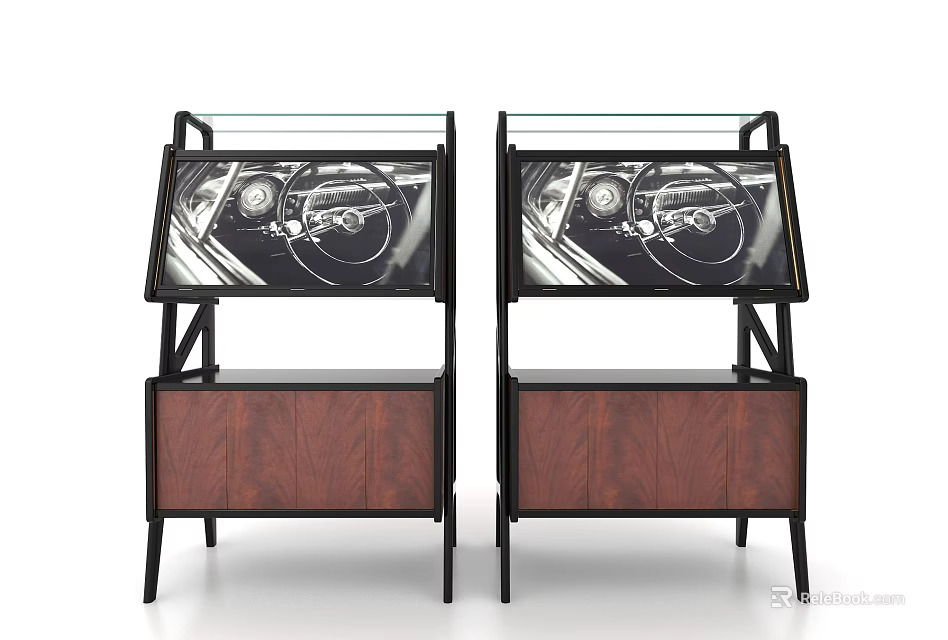 Modern Double Storage Cabinet Shelf With Dark Wood Panels Metal Frame And Display Top 3d model 
