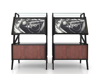 Modern Double Storage Cabinet Shelf With Dark Wood Panels Metal Frame And Display Top 3d model
