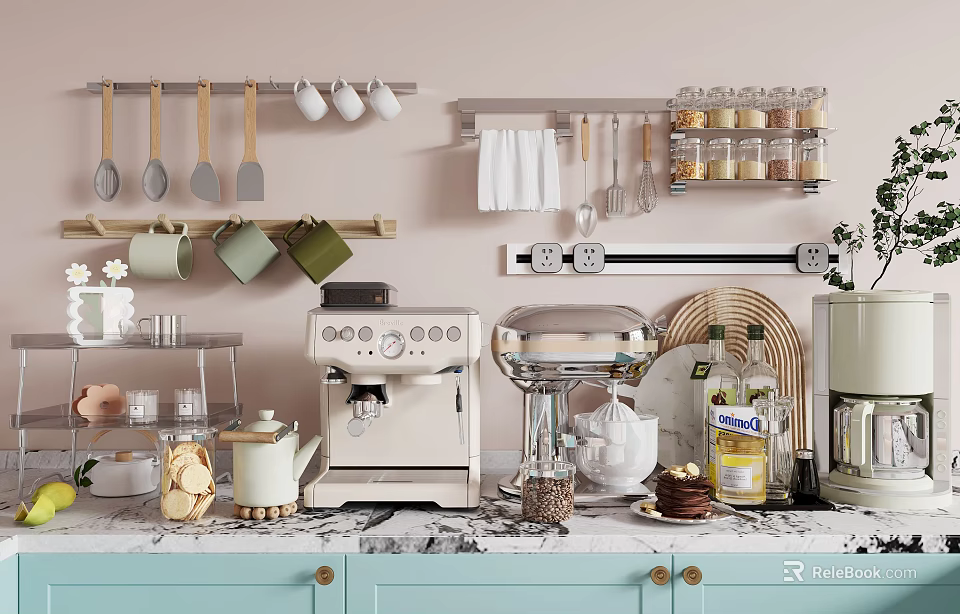 Elegant Kitchen Interior with Hanging Kitchenware White Cups Towels Jars Coffee Machine and Cabinets 3d model 