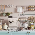 Elegant Kitchen Interior with Hanging Kitchenware White Cups Towels Jars Coffee Machine and Cabinets