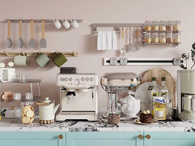 Elegant Kitchen Interior with Hanging Kitchenware White Cups Towels Jars Coffee Machine and Cabinets 3d model