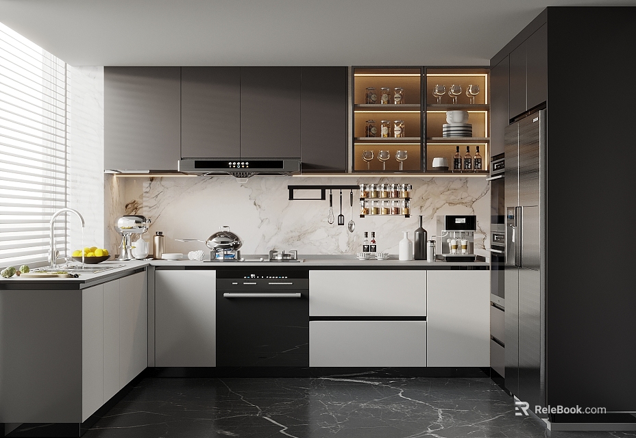 Modern Kitchen Interior Design With Gray Cabinets Marble Countertop And Appliances 3d model 