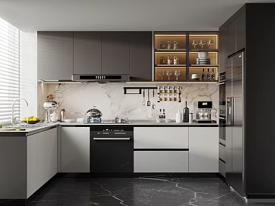 Modern Kitchen Interior Design With Gray Cabinets Marble Countertop And Appliances 3d model