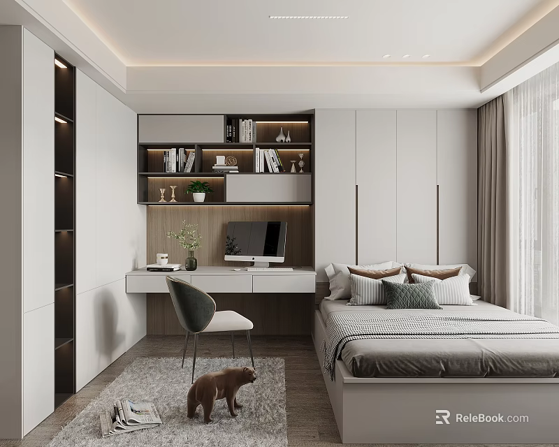 Modern Tatami Bedroom Interior With Built in Storage Desk And Neutral Tones 3d model 