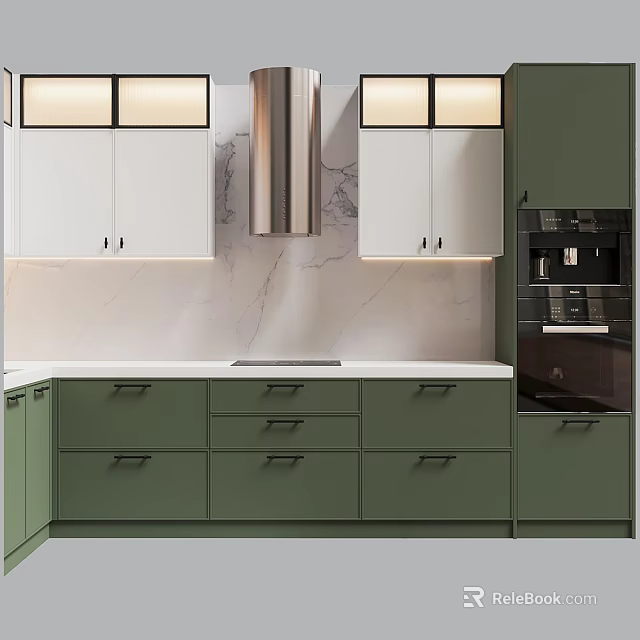 Modern Kitchen Interior With Green And White Cabinets And Marble Countertop Drawers 3d model 
