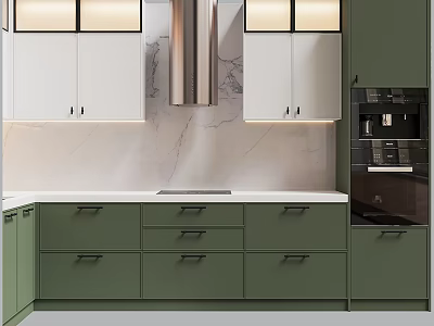 Modern Kitchen Interior With Green And White Cabinets And Marble Countertop Drawers 3d model