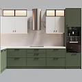 Modern Kitchen Interior With Green And White Cabinets And Marble Countertop Drawers