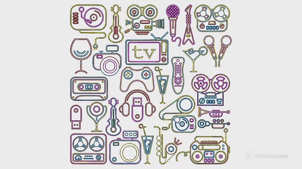 Vintage Decorative Lights With Retro Music Camera TV And Entertainment Icons 3d model 