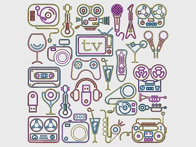 Vintage Decorative Lights With Retro Music Camera TV And Entertainment Icons 3d model