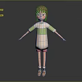 3D Character Girl With Brown Hair Green White Striped Shirt Pink Shorts And Yellow Shoes