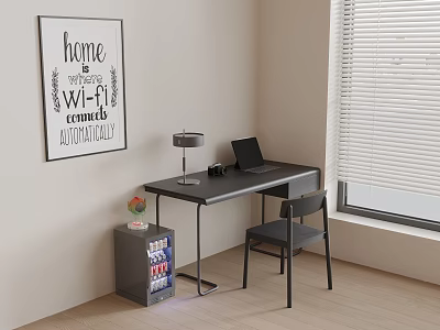 Home Office Desk Setup With Laptop Lamp Poster Mini Fridge Chair And Window Blinds 3d model