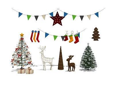 Christmas Decorative Ornament Set with Colorful Bunting Star Hanging Stockings Reindeer Figurines and Christmas Trees 3d model