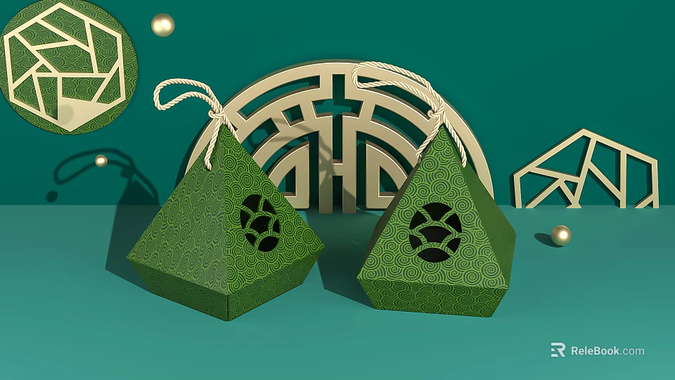 Two Green Triangular Daily Necessities With Hollow Out Patterns And Geometric Decorations 3d model