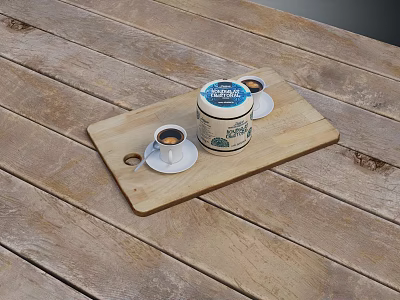 Wooden Cutting Board With Jar And Coffee Cups With Saucers On Wooden Table 3d model