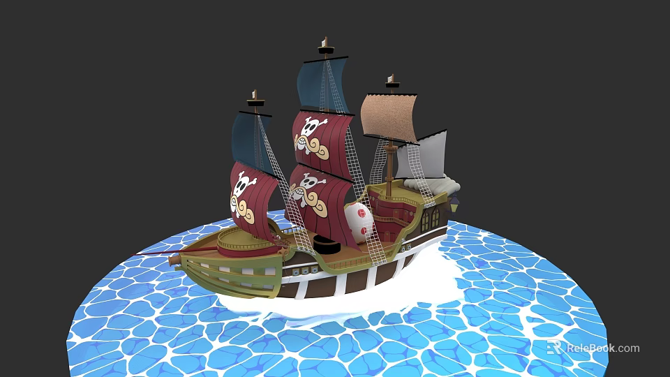Pirate Sailing Ship with Black Brown Sails Skull Symbols Green Brown Hull on Blue Water 3d model 