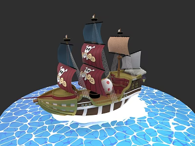 Pirate Sailing Ship with Black Brown Sails Skull Symbols Green Brown Hull on Blue Water 3d model